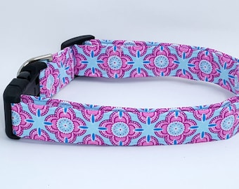 Pink and Blue Floral Medallion Dog Collar
