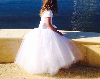 Girls long tutu tulle skirt. Flower Girl skirt. White or ivory long tutu. Available in several colors.