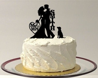 MADE In USA, Silhouette Wedding Cake Topper with Dog, Wedding Cake Topper Bride and Groom & Dog, Cake Topper, Silhouette Wedding Decoration,