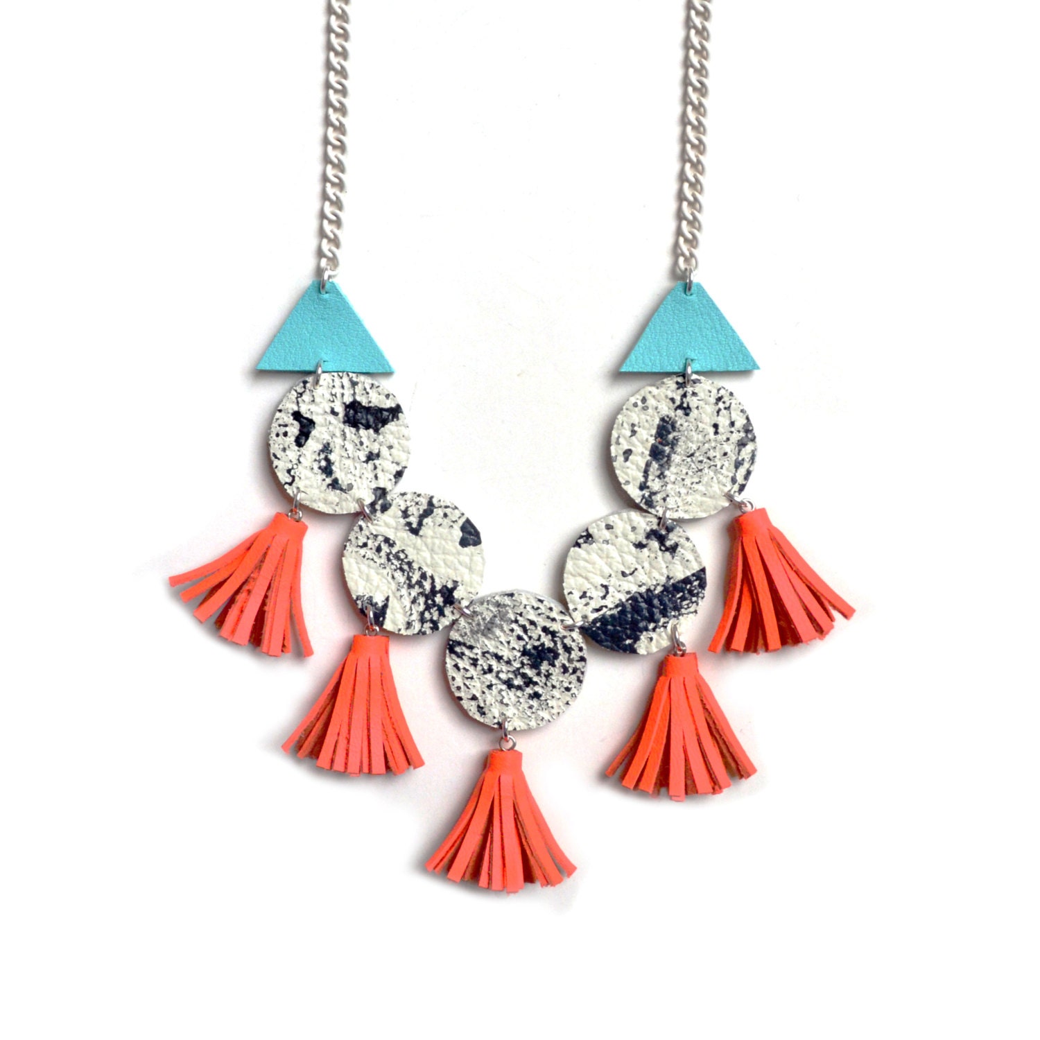 Coral Tassel Necklace Geometric Necklace Leather Fringe