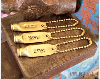 Bullet Keychain, USMC Key Chain, Army Keyring, Navy, Hand Stamped, Military Gift, Veterans, Bullet Jewelry, Rifle Casing, Bullet Shell, USA