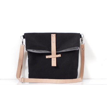 Medium Sling Bag, Edgy Canvas Messenger Bag, Black, Fold Over Sling Bag, Purse, Shoulder Bag, Crossbody Bag, Leather Strap