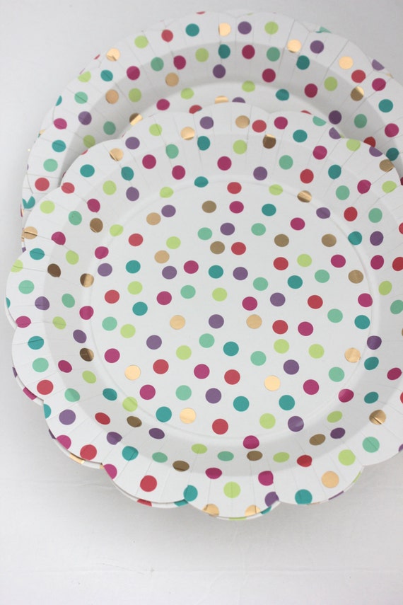 Set 8 COLOR CONFETTI Paper Plates Polka Dot Dotted Gold Foil