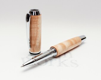 Wood Rollerball Pen - Vail Style - Curly Sugar Maple with Chrome Accents (Gift Ready)