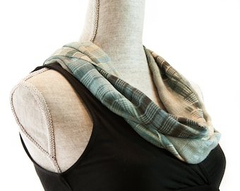 Cream Teal Bamboo Loop Scarf, Cream Teal Charcoal Gray Calabe, Organic Bamboo