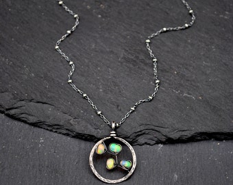 Genuine Opal Necklace, Oxidized Silver Opal Pendant Necklace, AAA Ethiopian Welo Opal Circle Pendant, October Birthstone Necklace