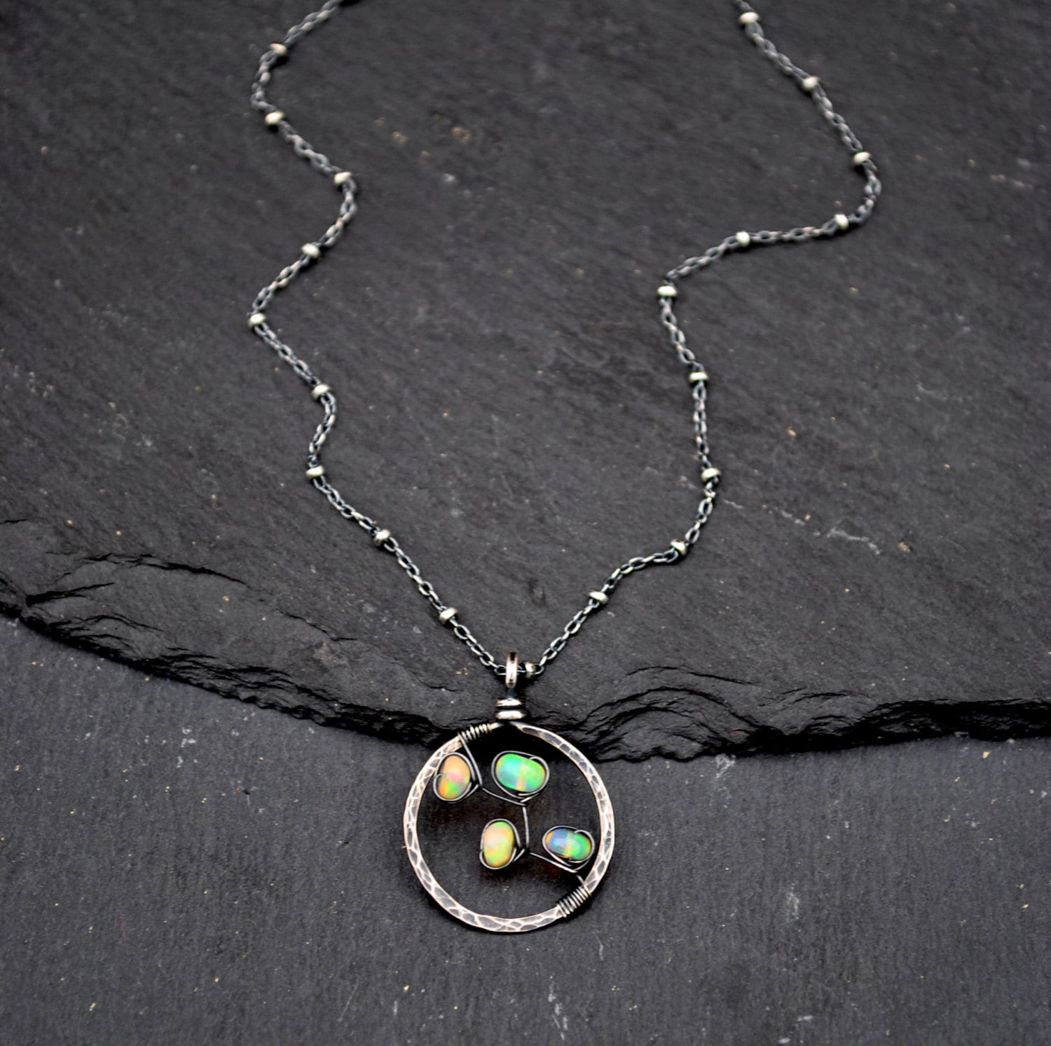 Genuine Opal Necklace Oxidized Silver Opal Pendant Necklace