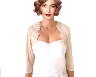 Lace Wedding Bolero Champagne Bridal Shrug Cream Romantic Boho Cottage Cap Sleeve Short Three Quarter 3/4 Long : CAMARA Custom Size