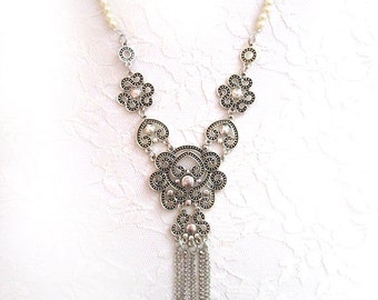 Boho Silver Necklace, Flapper Accessories, Statement, Roaring 20s, Great Gatsby,Woman Jewelry Accessory Ethnic Pearl Sautoir Fringe Tassel