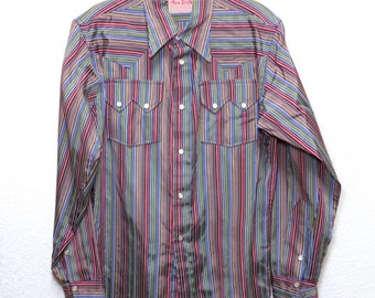 Rare Tex-Style Vintage 1950s Striped Taffeta Mens Western Shirt M L
