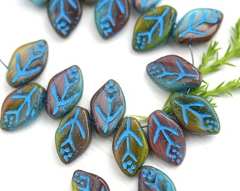 12x7mm Leaf beads, Mixed Fall color, Green, Brown, Blue, Czech glass pressed leaves - 25Pc - 1103
