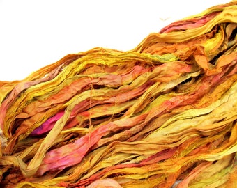 Yellow Sari Silk Ribbon, Fair Trade Sari Silk, Reclaimed Silk Strips, Silk Rug Fabric, Silk Jewlery Ribbon, Upcycled Craft Ribbon, 4 yards