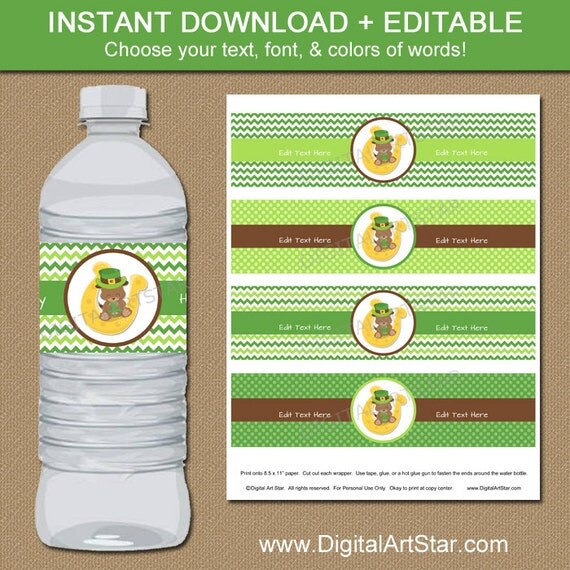 Drink Bottle Label Template st patricks day water bottle labels with puppy editable