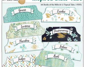 Bible Tabs for Bible Journalling / Inspired Light Teal Patterns 66 Books of the Bible side Tabs and BONUS 12 Top Topical Tabs