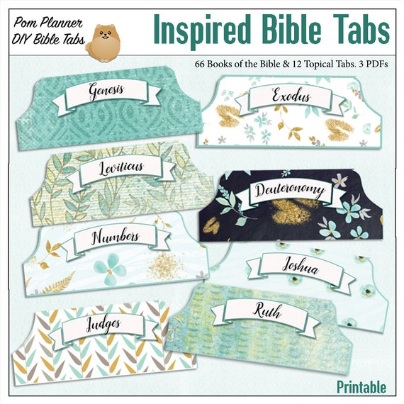 Bible Tabs for Bible Journalling / Inspired Light Teal Patterns 66 Books of the Bible side Tabs and BONUS 12 Top Topical Tabs & blank tabs
