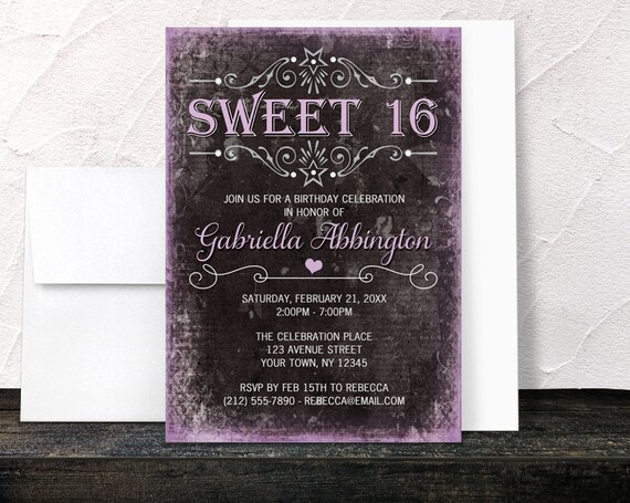 Black Grunge Purple Sweet 16 Invitations - Girls Sweet Sixteen Party - Printed Invitations Il_570xn
