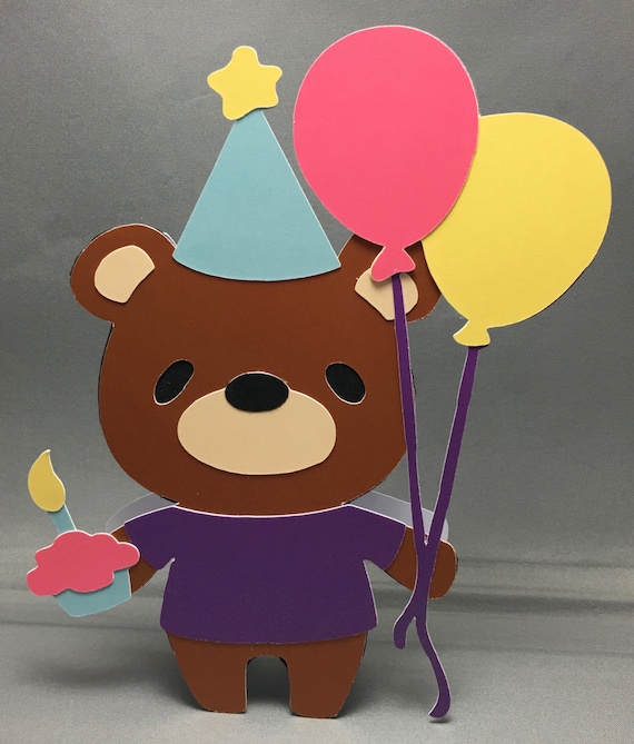 Teddy Bear with Birthday Hat Balloons and Cake Shaped