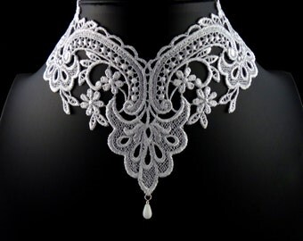 White Lace Choker Necklace - Romantic Victorian Collar - Elegant, Feminine, Bridal, Floral, Lingerie, Handmade