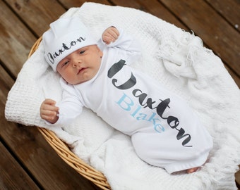 Newborn Boy Personalized Coming Home Outfit, Personalized Baby Clothes, Baby Gown, Baby Boy Shower Gift, Newborn Take Home Clothing, Infant