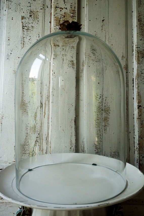 Massive glass dome cloche metal base French farmhouse huge