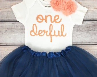 One-derful First birthday outfit girl peach and navy birthday outfit 1st birthday girl outfit Baby girl first birthday outfit Onederful