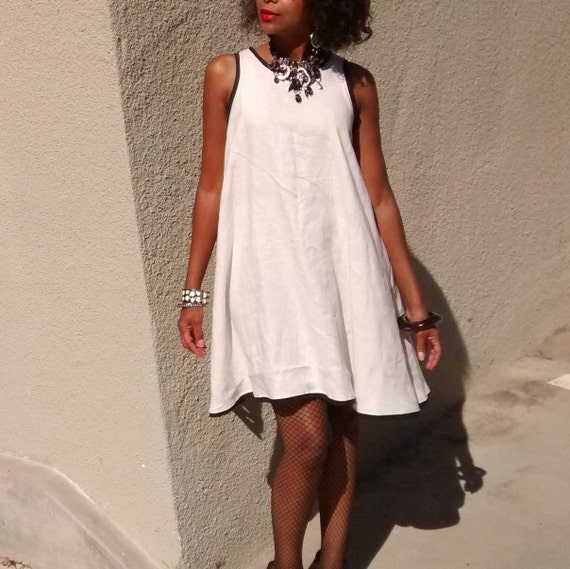 Sleeveless Linen Swing Dress Ivory Trapeze Mini Dress