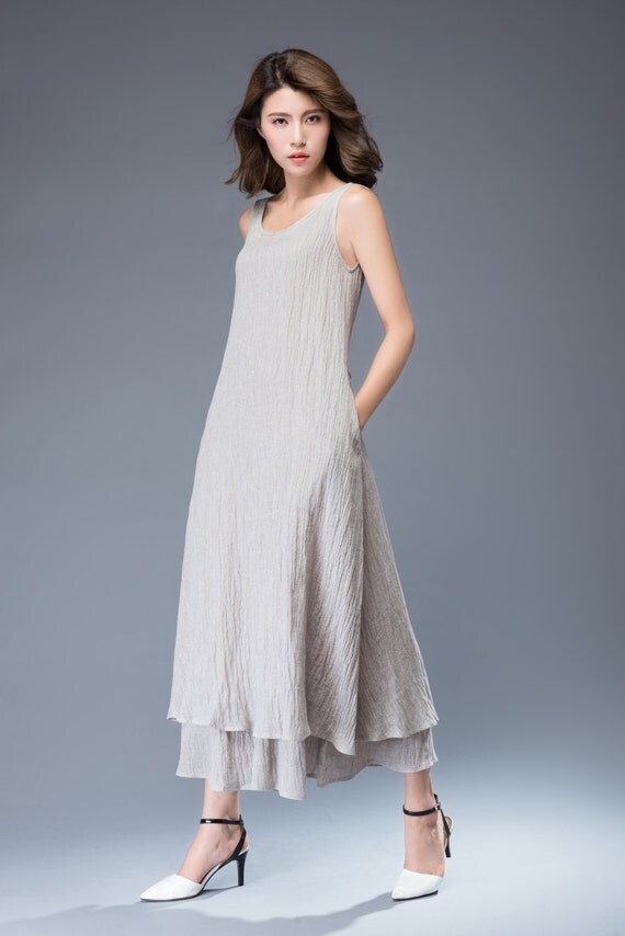 Gray Linen Dress Neutral Color Elegant Casual Cool Maxi