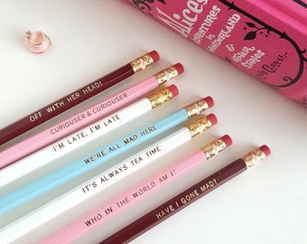 Set of 7 Alice in Wonderland Pencils — Imprinted Pencils, Engraved Pencils, Off with her head!, Curiouser and Curiouser, Lewis Carroll