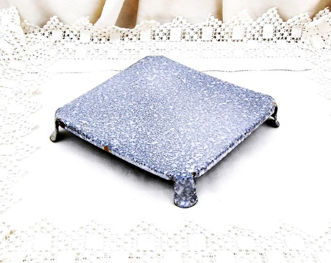 Antique French White Square Granite Enameled Metal Trivet, Heat Mat, Cottage Kitchenware, French Country Decor, Retro Brocante Kitchenailia