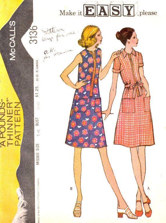 70's Easy to Sew Aline Dress Pattern Size 14 Bust 36 Front