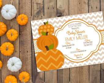 Little Pumpkin Baby Shower Invitation - Fall Baby Shower - Tan Brown and Orange - Chevron Stripes - Printable