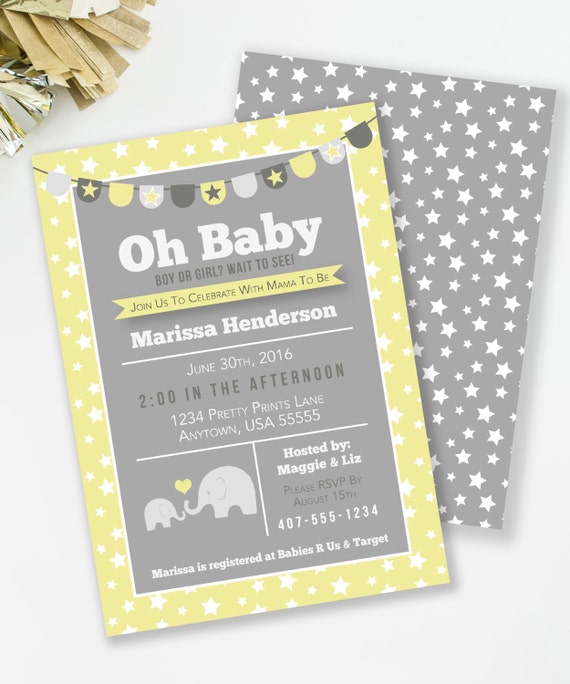 Elephant Baby Shower Invitation Yellow and Gray Elephant