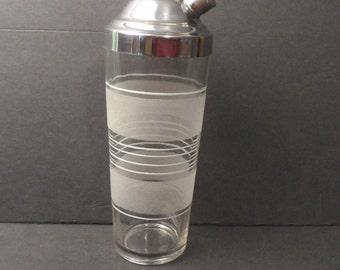 Frosted glass cocktail shaker with white bands / vintage martini shaker / retro bar / retro serving barware
