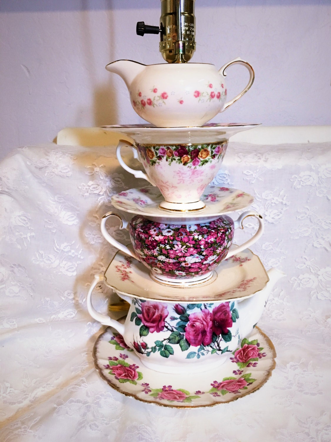 Teapot Lamp Light and Dark pinks Made With Vintage Teapot