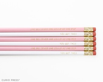 Cute Inspirational Pencil Set - White Pink and Gold printed pencil set - Gift - Engraved pencils - Gold Foil // She Believed + You Got This