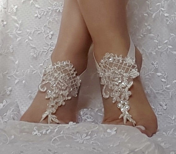 ivory lace silver frame sequin flake lace barefoot sandal beach wedding barefoot sandal bridal barefoot sandals