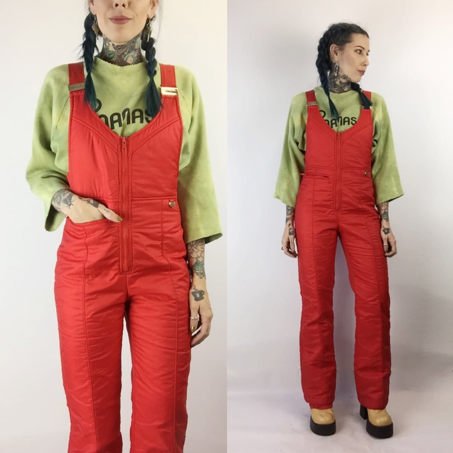 red overall pants