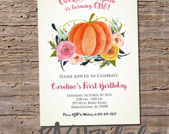 Our little pumpkin is turning one, invitation, printable, digital print, birthday, baby shower