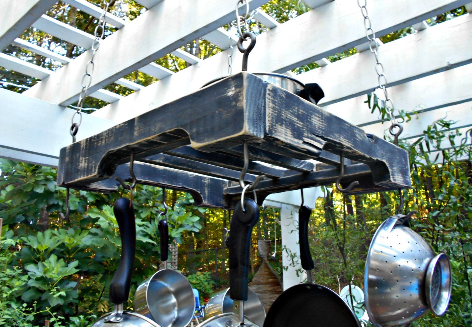 Hanging Pallet Rail Pot Rack Industrial Pot by RobsRusticCreations