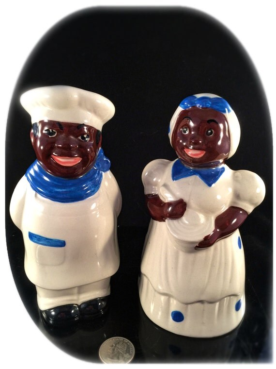 Black AMERICANA Ceramic CHEFS Mammy & Pappy Blue White RARE