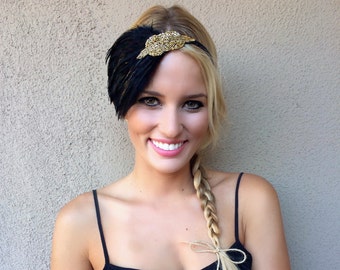 Gold and BLACK feather headband, Annees 20 serre-tete gold Gatsby Headpiece for Gold Gatsby Dress Gatsby and ribbon colors