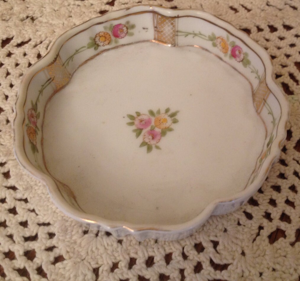 Vintage Nippon Hand Painted Trinket Tray Gold and Floral