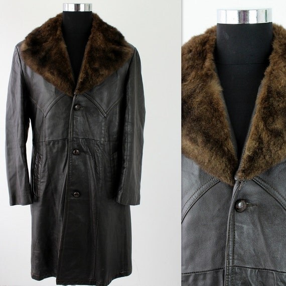 Items similar to On Sale Vintage Mens Brown Leather & Real Fur Collar