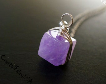 Wrapped Amethyst Necklace, Sterling Silver Cubic Amethyst Pendant, Amethyst Jewelry Bridwsmaid Necklace Healing February Birthstone Necklace