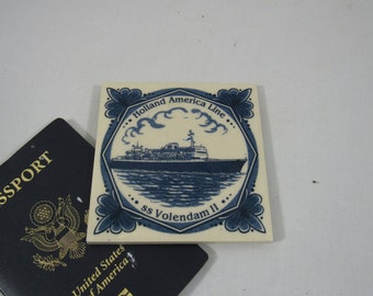 Vintage Cruise Souvenir Coaster Holland America Line ss Volendam II Blue Delft Tile