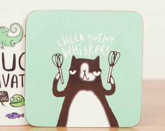 Check out my Whiskers - Cute Coaster - Pun Coaster - Cat Coaster - Gift for him - Gift for her - Cat gift - Teen Gift - Mat - Katie Abey