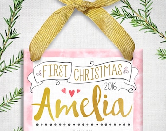 Pink and Gold, Personalized Baby's First Christmas Ornament, Baby 1st Christmas Ornament, Baby Girl, Trim the Tree,
