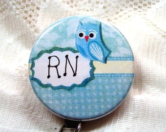 darling little id badge holder with owl for nurse,blue id badge reel for nurse,name badge for RN/LPN/ARNP,will customize for you