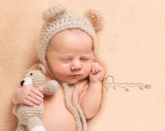 Newborn Bear Hat and Teddy Bear Set - Newborn Photo Prop, Bear Bonnet, Crochet Teddy Bear, Tiny Teddy Bear, Knit bear set, Baby Bear set,UK