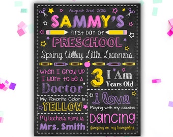 First Day of School - Back to School Sign - Poster - Chalkboard Sign - Digital File - Printable - Personalized - First Day of Preschool Girl